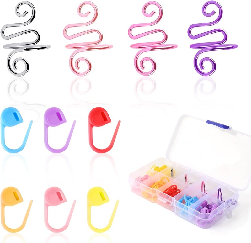 LBU 4Pcs Crochet Ring + 60Pcs Stitch Markers Adjustable Crochet Tension Rings for Finger Handmade Open Yarn Guide Crocheting Rings Knitting Accessories with Box Crochet Gifts for Women Mom Crocheters - Image 1